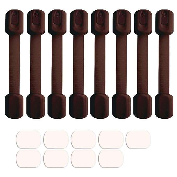 Baby Safety Locks - Child Proof Adjustable Latches for Cupboard Doors and Drawers Dresser Doors Closet Toilet Seat Oven Refrigerator Appliances,8 Pack Brown,Free 9 Extra Adhesive Pads