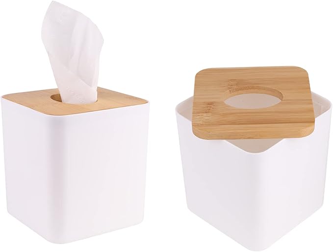 MOCHTERO Tissue Box Cover,Tissue Holders,Tissue Box Holder for Bathrooms,Bamboo Cover Plate,Home and Office,5 * 5 * 5.4in (White)