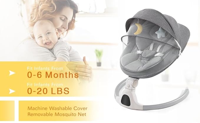 Baby Swing for Infants,Comfort Cradling Baby Rocker Portable Newborn Swing with Music/Remote Control/Timing Function,Grey