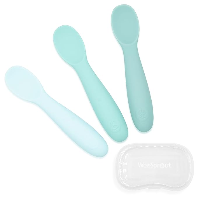 WeeSprout Baby Spoons for Self Feeding 6 Months +, Soft & Durable Silicone Utensils for Sensitive Gums & Teeth, Easy Grip Handles & Shorter Length for Little Hands, 3 Pack + Carrying Case