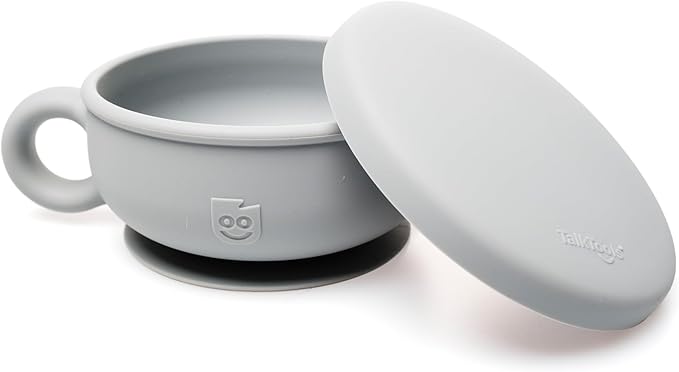 TalkTools Itsy Bowl with Locking Lid - Platinum grade silicone with Volume Lines, Curved Walls for Easy Scooping - for Babies, Toddlers, Children, and Elderly - Snack Cup Lid Accessory (Cloud)