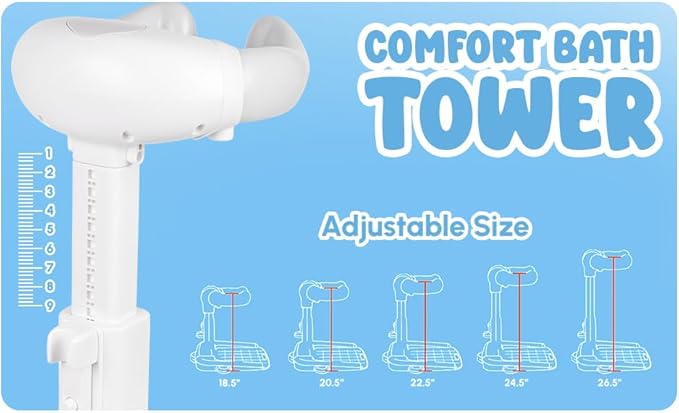 Baby Bath Adjustable Shower Stand with Stool- Secure Infant & Toddler Bath Support, Non-Slip Stool & Foldable Stand