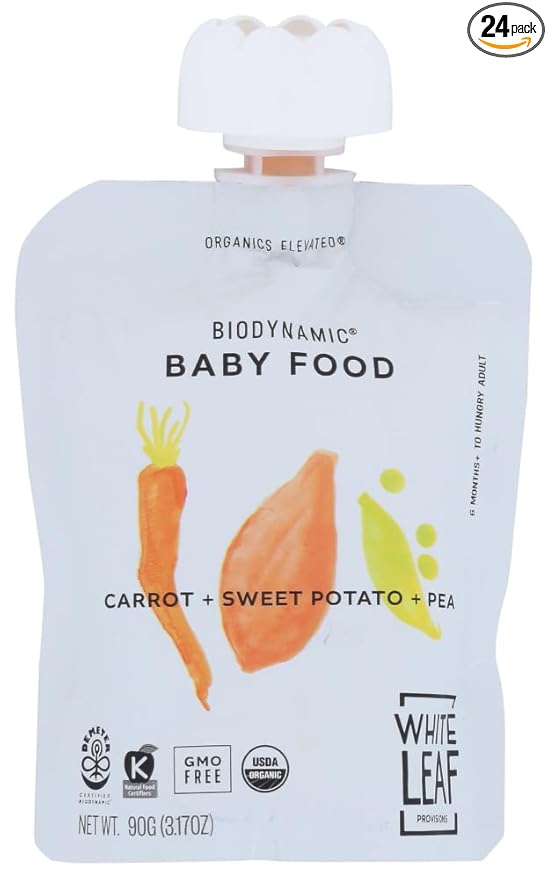 White Leaf Provisions Organic Purees / Baby Food Pouches - Fruits, Veggies & Grains, Toddler snack, Regeneratively Farmed, No Added Sugar, Non-GMO, BPA-Free Pouches 3.17 oz (Pack of 24, Carrot + Sweet Potato + Pea