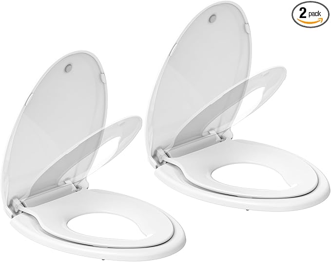 Elongated Toilet Seat, 19" Toilet Seat Set with Built-In Potty Training Seat for Toddlers, Quiet Close Hinges, Safe PP Material, Easy Install for Family Bathrooms, White 2-Pack