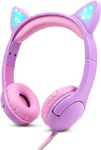 Olyre Kids Headphones, Safe 85db Volume Control Light Up Cat Ear Headphones for iPad Fire Tablet Kindle, On-Ear LED Children Headphones for School Learning Travel - Purple/Pink
