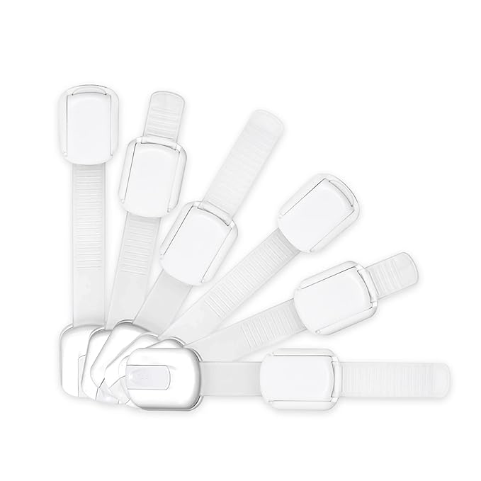Adjustable & Reusable Child Safety Cabinet Locks & Latches, Baby Proofing Door Window, Cabinet, Toilet, & Refrigerator Lock, Child Safety Strap Locks with Adhesive Pads, Pack of 6, White - Wonderkid