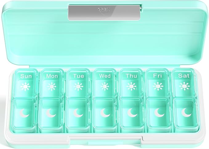 Zoksi Am Pm Pill Organizer 7 Day, Weekly Pill Box 2 Times a Day, Medicine Pill Organizer with Separate Compartment, Travel Pill Case Dispenser Portable for Vitamins, Fish Oils, Medicines(Green)