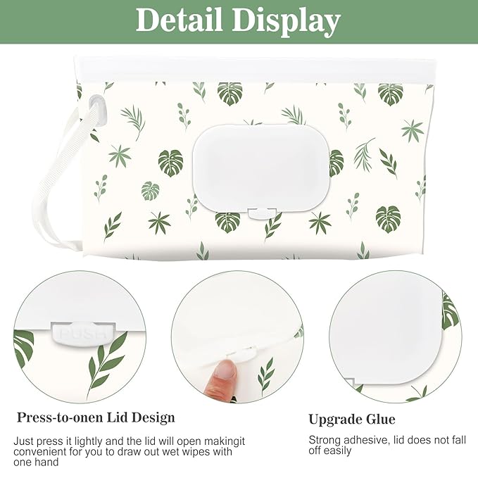 FEBSNOW 2 Pack Baby Wipes Dispenser Holder, Portable Refillable Baby Wet Wipes Pouch Container Reusable Travel Case for Outdoor Hiking, Green Leaves