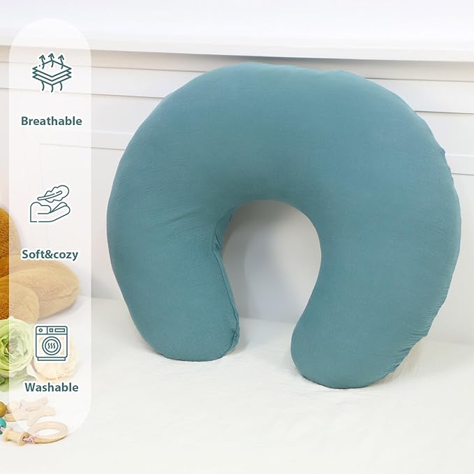 Hooyax Muslin Nursing Pillow Cover, Soft Breathable Feeding Slipcover for Breastfeeding Moms, Stretchy Removable Infant Pillow Cover for Boy and Girls (Blue)