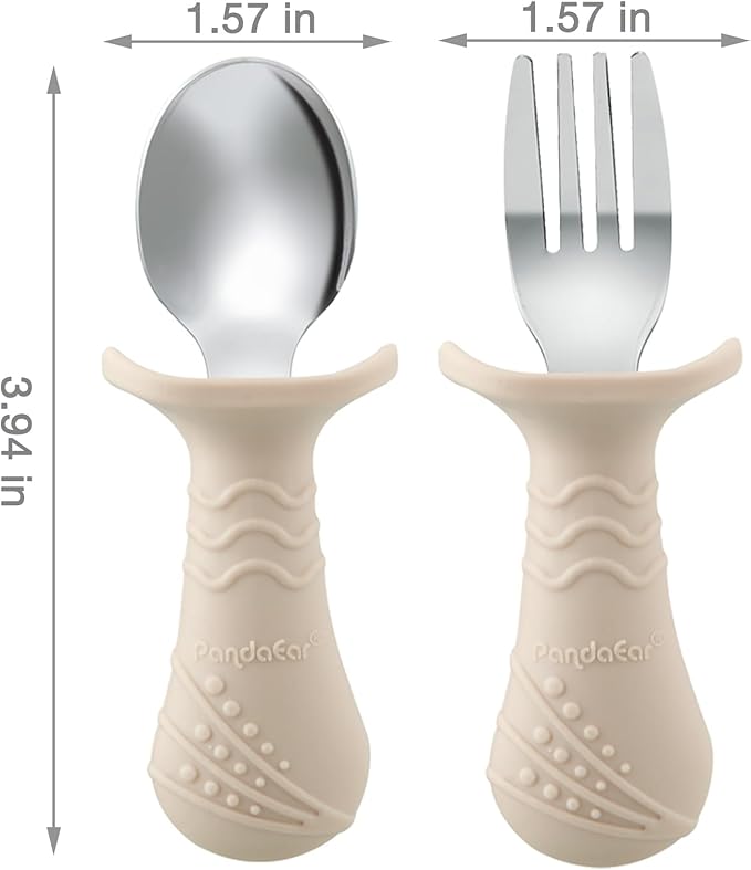 PandaEar Baby Toddler Fork and Spoon Utensil Set, 6 Pack Silicone Stainless Steel Silverware Spoon Fork for Babies Toddler, BPA Free with Silicone Holding Anti-Choke Design (Green Blue Brown)