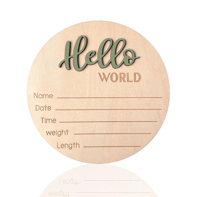 Baby Announcement Sign, 5.9 Inch Wooden Hello World Newborn Signs, Birth Announcement Sign, Baby Shower Hospital Nursery for Newborn Boys and Girls (Forest Green)