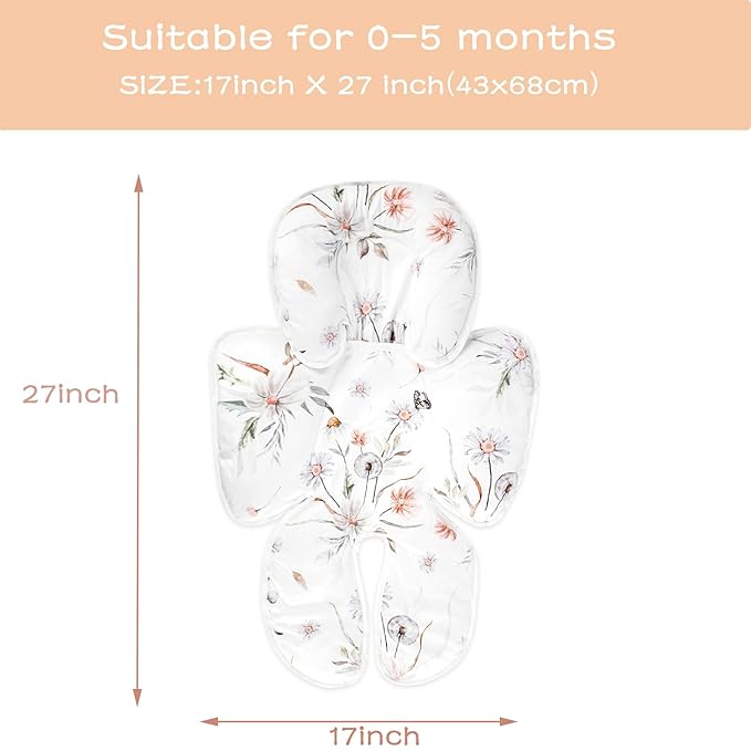 2 in 1 Infant Car Seat Insert, Car Seat Head Support Baby Girls Boys, Soft Newborn Carseat Insert Cushion, Perfect for Carseats, Strollers, Swings (White Flower)