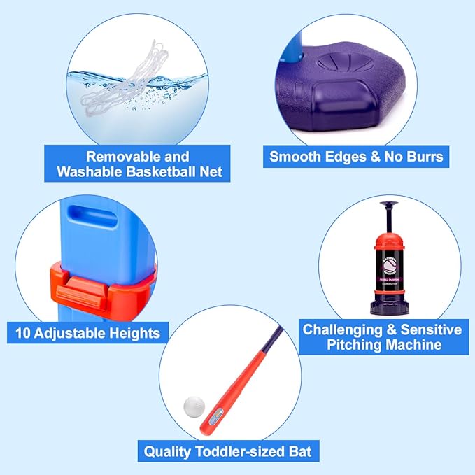 Meland Toddler Basketball Hoop, 4-in-1 Kids Basketball Hoop with Tball Set for Toddler & Baseball Pop Up Machine, Basketball Goal for Kid Sport Toys Indoor Outdoor Play Birthday Gift for Kids Toddlers