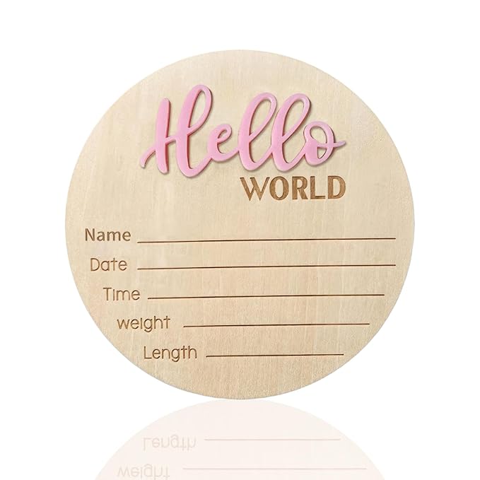 Baby Announcement Sign - 5.9 Inch Wooden Hello World Newborn Sign, Birth Announcement, Baby Shower Hospital Nursery for Newborn Boys and Girls (Pink)