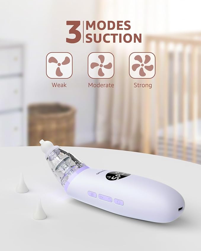 GROWNSY Nasal Aspirator for Baby | Baby Nose Sucker | Electric Nose Suction for Toddler, Ergonomic Booger Sucker with 3 Silicone Tips, Music & Light Soothing Function(Purple)