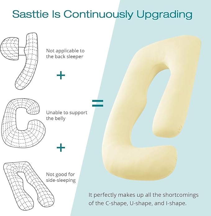 Sasttie Pregnancy Pillows for Sleeping, Jumbo U Shaped Cooling Full Body Pillow with Removable Cover, Pregnant Women Must Haves, Maternity Essential, Light Yellow