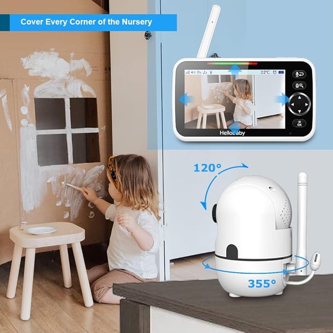 HelloBaby 5" Screen Baby Monitor with 3 Cameras - No WiFi HB6550 Video Baby Monitor, 1000ft Long Range, ECO, 26 Hour Battery, Pan-Tilt-Zoom Night Vision, Temperature Sensor & 2-Way Audio, 8 Lullabies