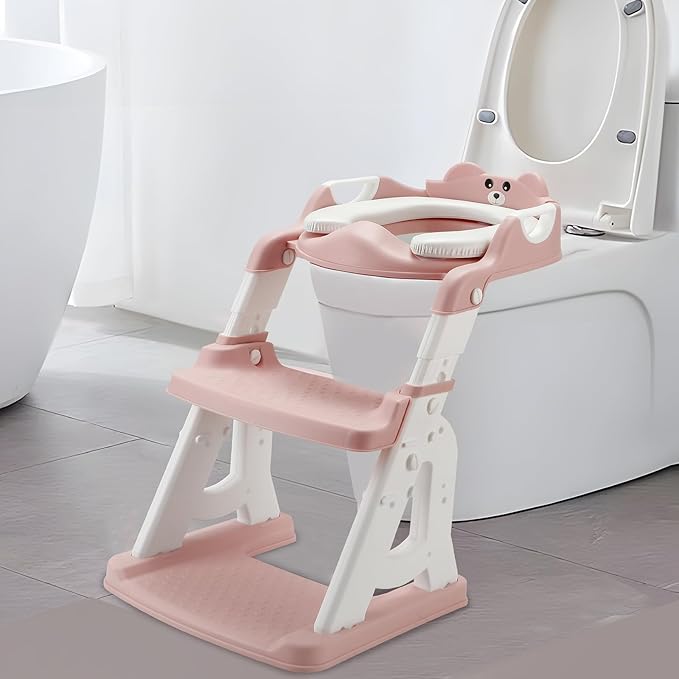PandaEar Potty Training Seat with Step Stool Ladder, Toddler Toilet Seat for Kids Boys Girls, Comfortable Safe Potty Seat with Anti-Slip Pads Ladder & Bear Design -Pink