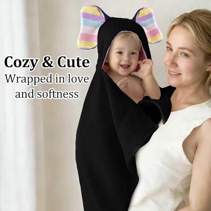 VOOVA & MOVAS Thick Baby Hooded Bath Towel - 100% Cotton,500GSM, 33x31.5 Inches,0-2Years, Super Absorbent Large Towel with Cute Elephant Ears Hood for Newborn, Baby, Infant, Black
