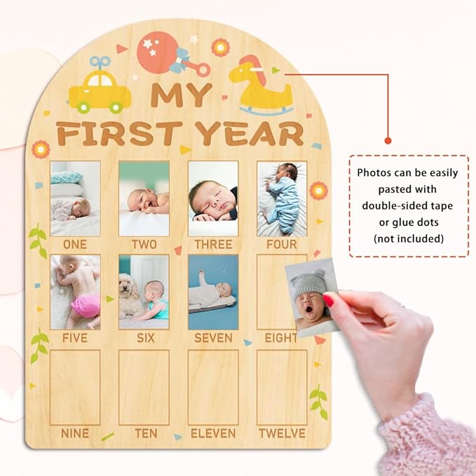 ORIGACH My First Year Baby Growth Photo Display Wood Board - 12 Months Newborn Milestones Photo Board - Neutral Baby Keepsake Frame 1st Birthday Party Nursery Decor New Mom Gift - Car & Rocking Horse