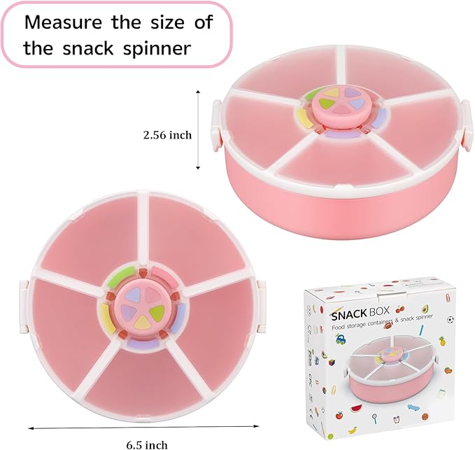 Kids Reusable Rotating Snack Container with 5 Separate Compartments, Color Matching Opening Lid, BPA/PVC-Free, Dishwasher Safe, Perfect for Travel, School Lunches & On-the-Go Snacking-Pink