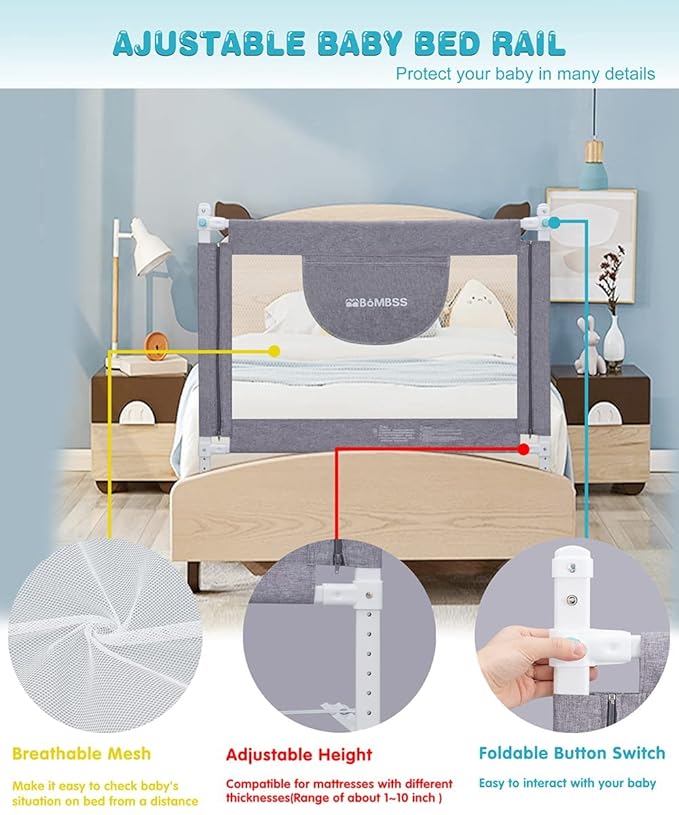 MBQMBSS 37" L x 26.5" H Bed Rail for Toddlers, Baby Bed Rails Guard for Kids Height Adjustable Sturdy Railing with Y-Strap Protective Bed - Fit for Side of Twin Full Queen, King Size (1 Side)