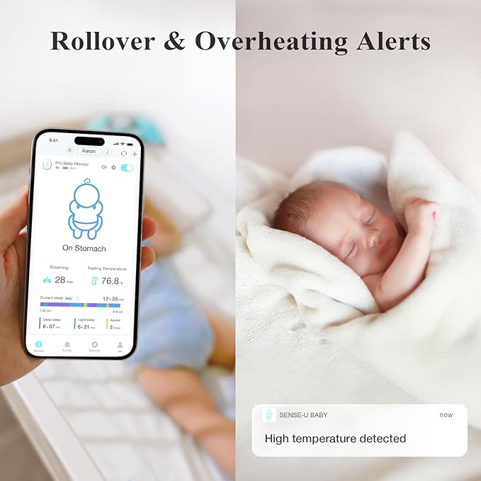 Sense-U Pro Baby Monitor – Breathing Movement, Rollover & Overheating Trackers for Better Sleep, Simple Clip-On Smart Sleep Monitor with Arousal Vibration, Audible Alerts & Sleep Analysis