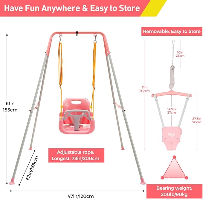 FUNLIO 2 in 1 Swing Set for Toddler & Baby Jumper, Heavy Duty Kids Swing & Bouncer with 4 Sandbags, Foldable Metal Stand for Indoor/Outdoor Play, Easy to Assemble and Store - Pink