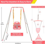 FUNLIO 2 in 1 Swing Set for Toddler & Baby Jumper, Heavy Duty Kids Swing & Bouncer with 4 Sandbags, Foldable Metal Stand for Indoor/Outdoor Play, Easy to Assemble and Store - Pink