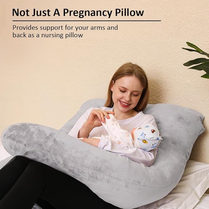Chilling Home Memory Foam Pregnancy Pillow, J Shape Pregnancy Pillows for Sleeping, Body Pillow for Adults, Maternity Pillow for Pregnant Women, with Velvet Removable Cover, Light Grey