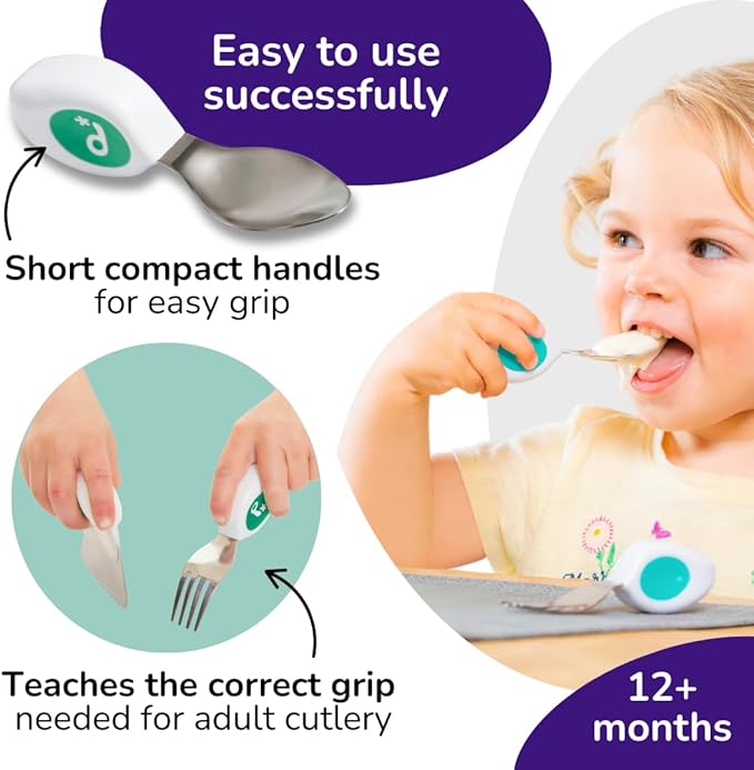 doddl Toddler Utensils, Ergonomic Fork Spoon and Knife Set for Self Feeding, Stainless Steel Silverware for 1-3 Year Olds, BPA Free, Dishwasher Safe (Aqua)