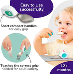 doddl Toddler Utensils, Ergonomic Fork Spoon and Knife Set for Self Feeding, Stainless Steel Silverware for 1-3 Year Olds, BPA Free, Dishwasher Safe (Aqua)