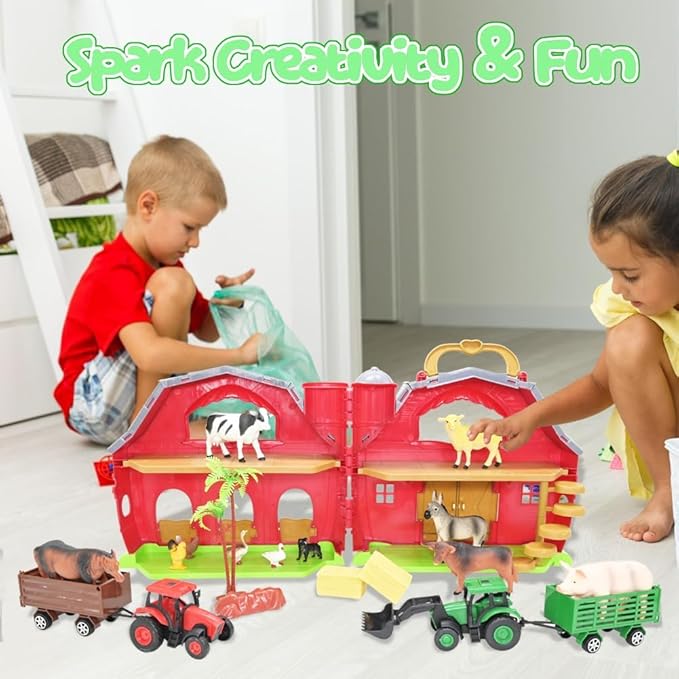 BOLZRA Farm Animals Big Red Barn Toy for 1 2 3 4 5 Years Old Toddlers, Kids Farm Figures Fence Playset with Tractor, Preschool Montessori Learning Toys, Christmas Birthday Easter Gift for Boys Girls