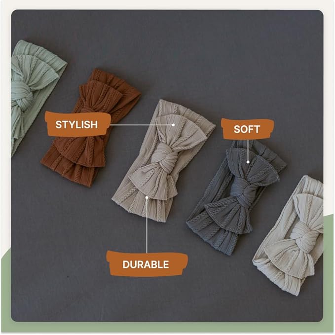 Parker Baby Cable Knit Nylon Headbands 5 Pack | Soft, Stretchy & Comfortable Bows for Girls | Adjustable, Soft to Touch & Knotted Headbands for Baby Girls | Baby Headwraps for Girls | Multiple Colors