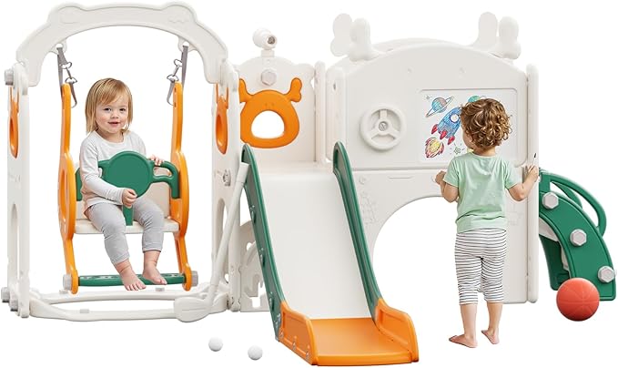 Mloong 12 in 1 Toddler Slide and Swing Set, Kids Slide for Toddlers 1-3 Years Old, Baby Playset Indoor Outdoor with Basketball Hoop Drawing Golf(Yellow & Green)(82×67×41in)