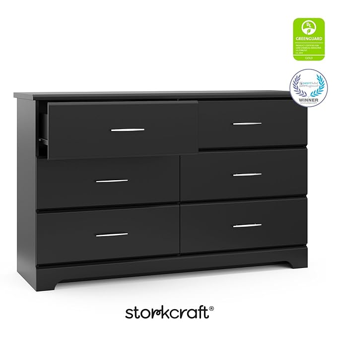 Storkcraft Brookside 6-Drawer Dresser (Black) – GREENGUARD Gold Certified, Black Dresser for Bedroom, Kids & Nursery Storage Chest, Safety Interlocking Drawers, Pre-Installed Tracks, Kids Chest