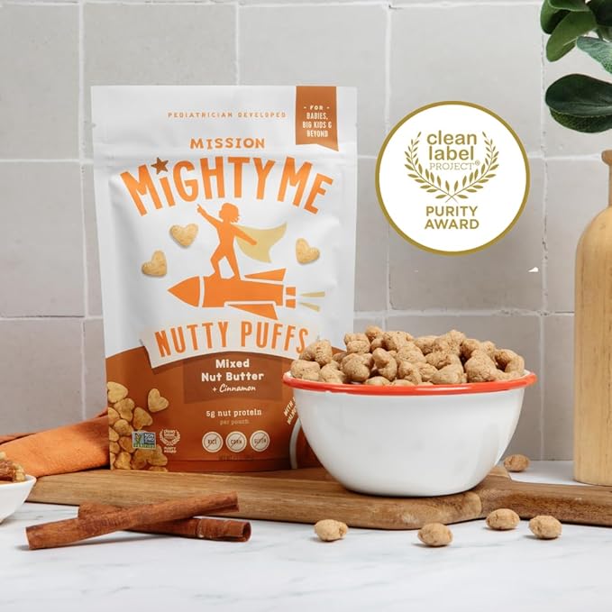 Mission Mighty Me Nutty Puffs Mixed Nut Butter Puffs for Babies + Kids - Pediatrician Developed, Plant-Based Gluten-Free Baby Snack - Peanut, Tree Nut, Cinnamon (6 Pack - 5 Pack Plus Peanut Sample)