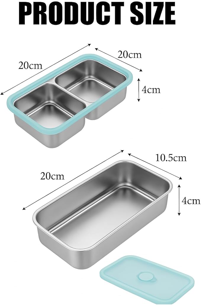 2 Pack Stainless Steel Snack Containers – Leakproof Reusable Bento Boxes with Lids for Food Storage, Travel, Work, Outdoor (Clear Lid/Silver Base, 1 Compartment)