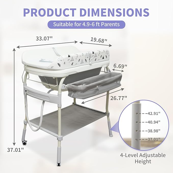 2 in 1 Baby Bathtub with Changing Table, DEYGIA Waterproof Diaper Changing Station Portable Changing Table Adjustable Height Nursery Organizer with Storage Racks for Newborn Infant Toddler