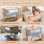 Papablic 4 in 1 Baby Bassinet, Bedside Bassinet for Baby, Adjustable Rocking Bassinet Bedside Sleeper with Soft Mattress & Storage Basket, Easy to Assemble