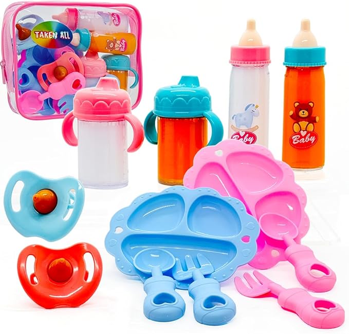 Baby Doll Accessories Magic Bottle set Magic Disappearing Milk Juice Bottles Sippy Cups with Pacifiers Bowl Spoons, Doll Bottle Toys Feeding Pretend Playset for Kids Girls Ages 3+ (Small set(10pcs))