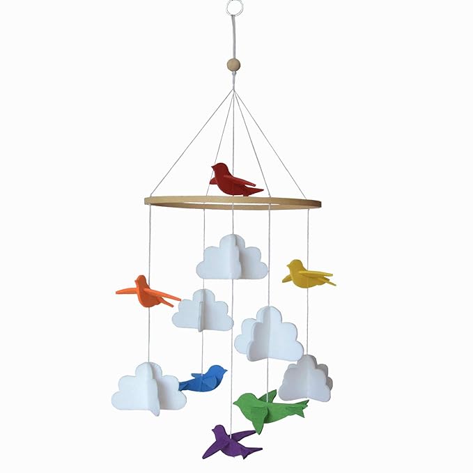 Baby Crib Mobile – Wooden Hanging Nursery Mobile for Bassinet, Baby Nursery Decor for Boys & Girls, Perfect for Shower Gift (Rainbow Birds in The Clouds, w/Garland) Sorrel + Fern