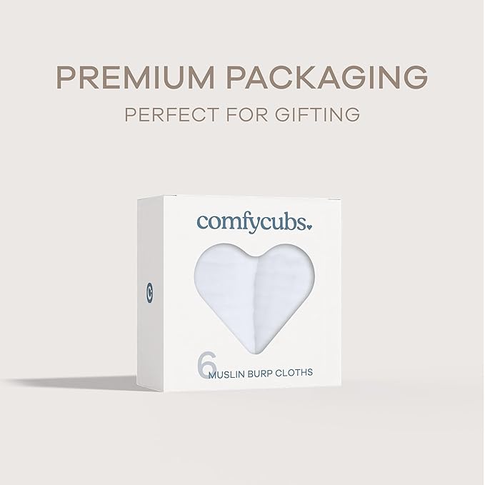 Comfy Cubs Muslin Burp Cloths 20" x 10", Pack of 6 - Large, 6-Layer, Ultra Absorbent 100% Cotton for Baby Spit-Up, Drool, and Messes - Soft, Safe & Gentle Baby Burp Cloths Set for Boys & Girls - White