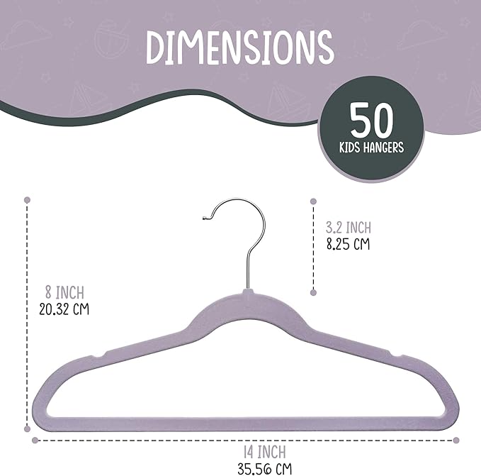 50 Premium Kids Velvet Hangers - 14'' Non-Slip, Ultra-Slim & Space-Saving Hangers - 360° Swivel Hook, Strong & Durable for Children & Preteens - Purple