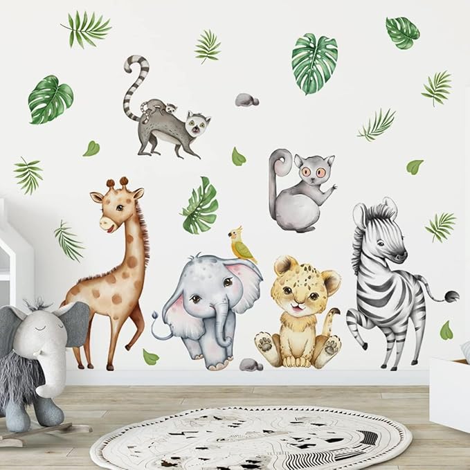 Watercolor Jungle Animal Decals - Forest Safari Elephant Tiger Giraffe Stickers for Baby Nursery, Playroom, Bedroom, Classroom, Kindergarten Wall Decor