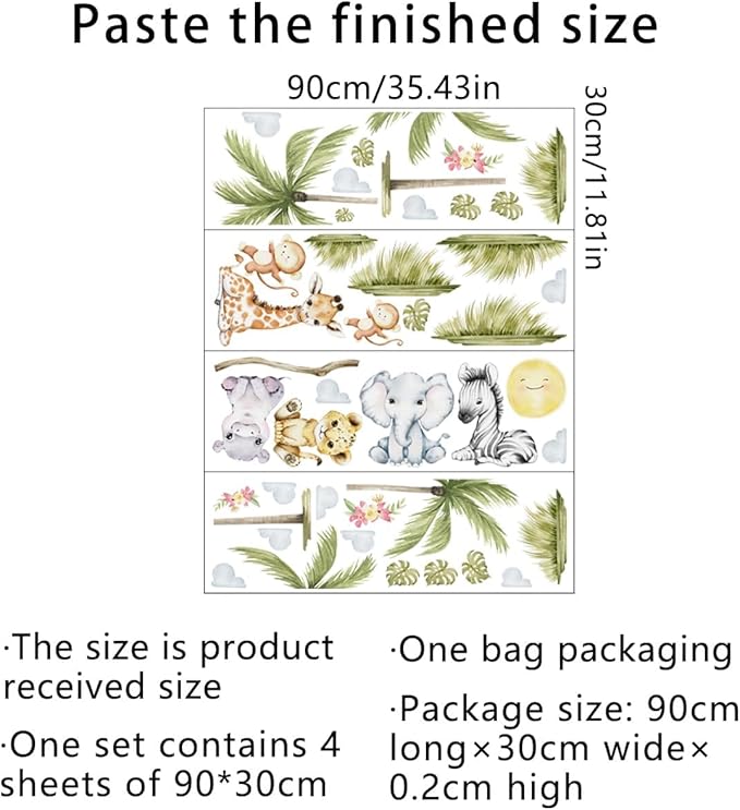 56.29 x 44.88 Inch Watercolor Animal Wall Decals - Jungle Stickers With Tiger, Elephant, Zebra, Giraffe, Monkey, Hippo for Baby Nursery, Bedroom, Classroom, Kindergarten Decor