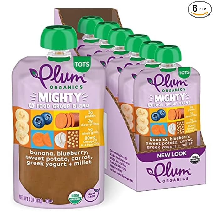 Plum Organics Mighty 4 Organic Toddler Food - Banana, Blueberry, Sweet Potato, Carrot, Greek Yogurt, and Millet - 4 oz Pouch (Pack of 6) - Organic Fruit and Vegetable Toddler Food Pouch