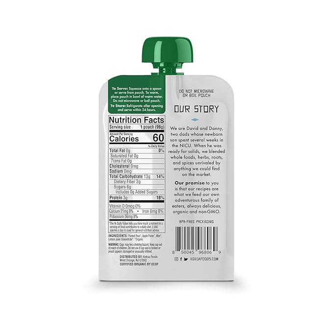 Kekoa Foods 100% Organic Vegetarian Baby Food Puree - Gluten-Free, Vegan, 3.5 oz Squeeze Pouch (36 Pack, Peas & Mint)
