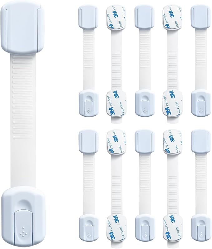 Child Safety Cabinet Locks(10 Pack)-Adjustable Baby Proofing Latches with Strong 3M Adhesive，No Drilling Child Proof Straps Locks for Drawers,Ovens,Doors,Toilet Seats，Fridge,- Easy Installation,