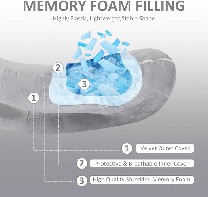 Chilling Home Memory Foam Pregnancy Pillow, J Shape Pregnancy Pillows for Sleeping, Body Pillow for Adults, Maternity Pillow for Pregnant Women, with Velvet Removable Cover, Light Grey